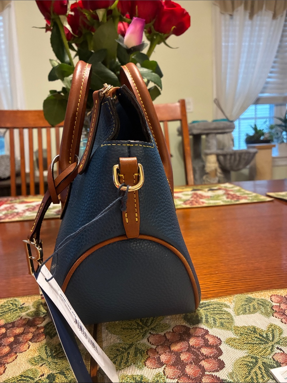 Dooney & Bourke Blue Pebbled Leather Satchel with Brown Trim and Gold Charm - Picture 8 of 9